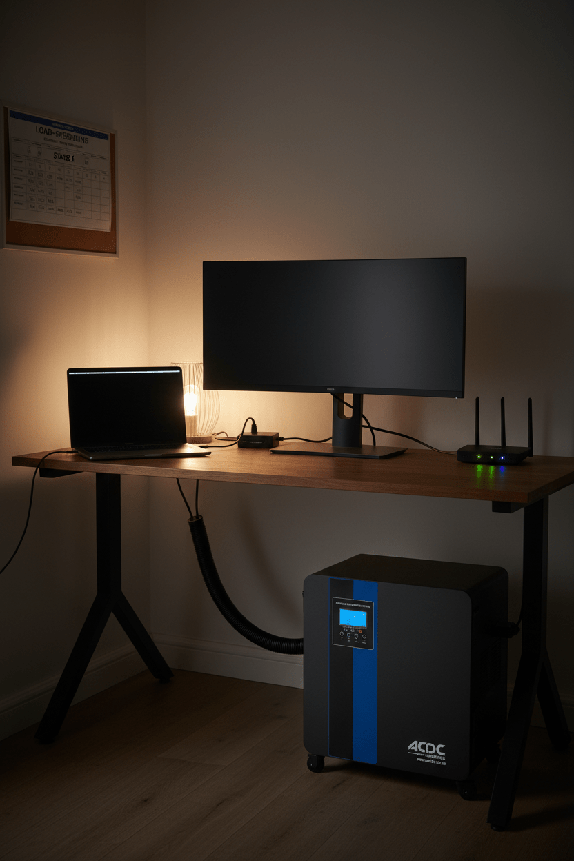 Inverter backup kit positioned under a desk, powering a monitor and laptop in a home office setup.