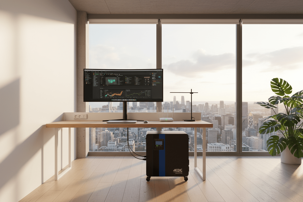A modern home office setup featuring a 1000W inverter backup kit under a desk, with a large monitor displaying data.