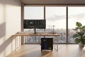A modern home office setup featuring a 1000W inverter backup kit under a desk, with a large monitor displaying data.