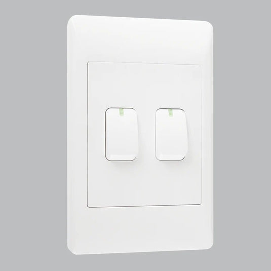 Modern 2-lever white switch with a sleek design, suitable for indoor lighting control.