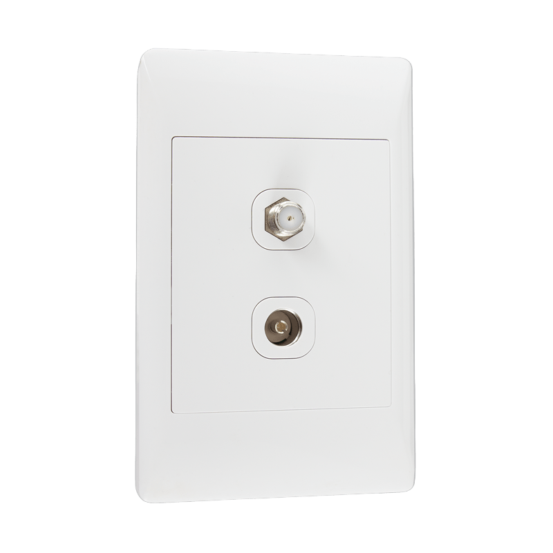 White wall plate with two coaxial sockets on a gray background