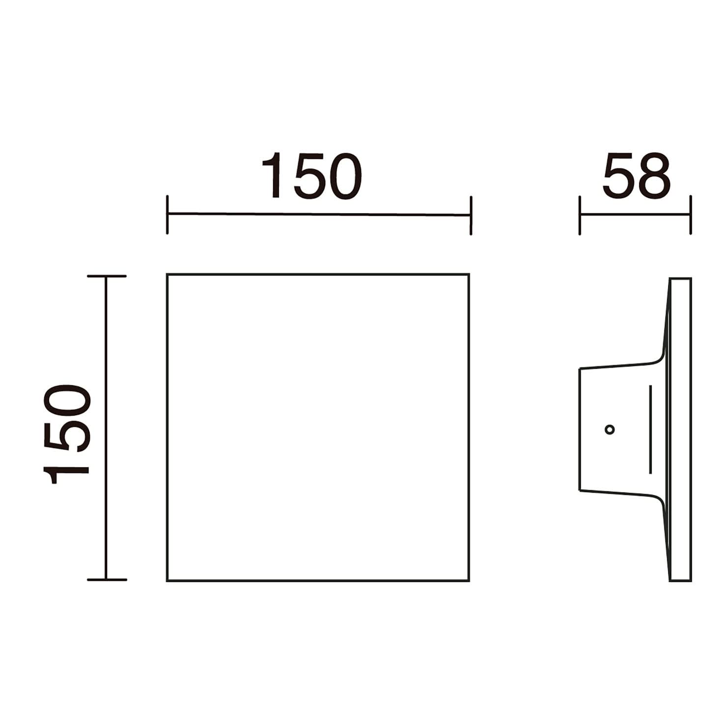 Line drawing of a square wall light with dimensions labeled: 150mm x 150mm x 58mm.