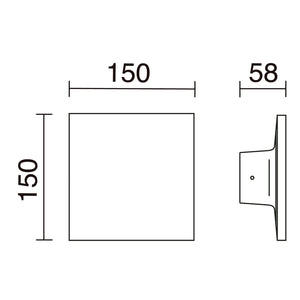 Line drawing of a square wall light with dimensions labeled: 150mm x 150mm x 58mm.