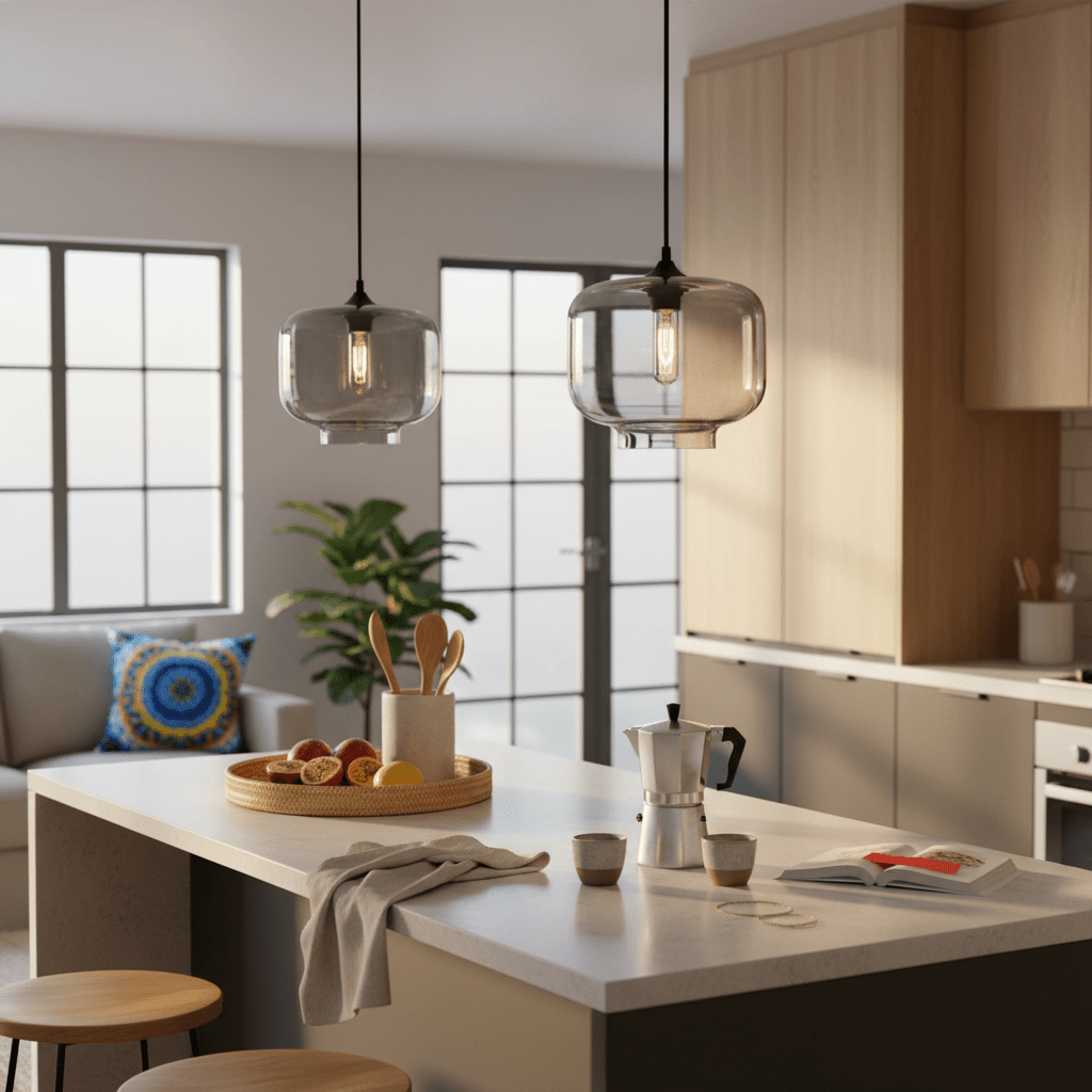 Smoke grey glass pendant lights hang above a kitchen island with a modern design, featuring a cozy setup.