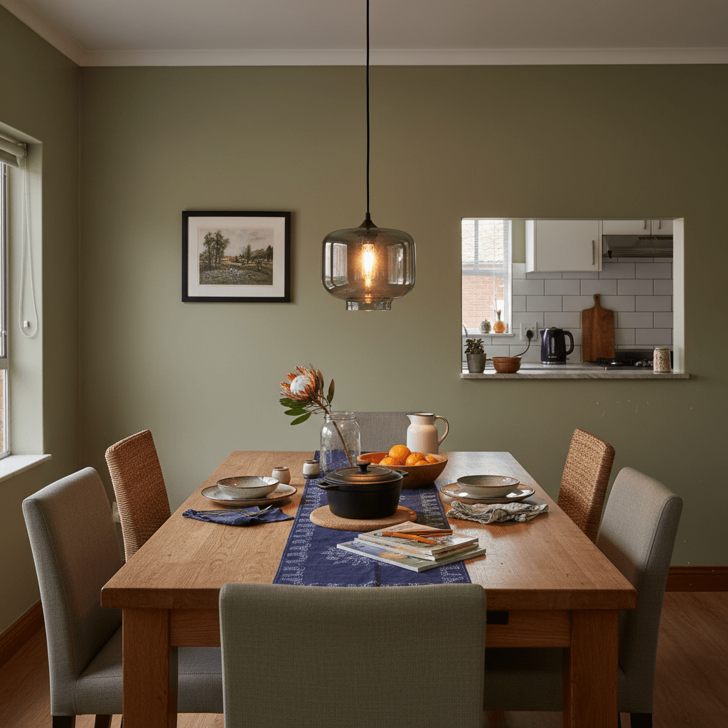 Smoke grey Elza glass pendant light hanging above a wooden dining table set with dishes and decor.