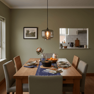 Smoke grey Elza glass pendant light hanging above a wooden dining table set with dishes and decor.