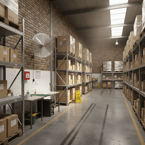 Warehouse interior with shelves and boxes
