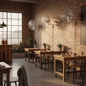 Modern restaurant interior with wooden tables, chairs, and a brick wall.