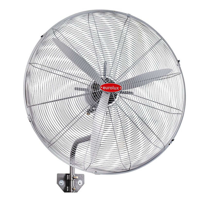 Maxi 30 inch industrial wall mounted fan in a large South African warehouse or wholesale store with pallets, shelving and high roof, realistic setting, no text or logos.