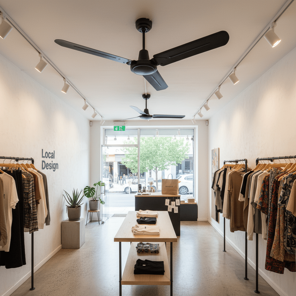 Black industrial ceiling fan with three blades installed in a modern retail space, surrounded by clothing displays.