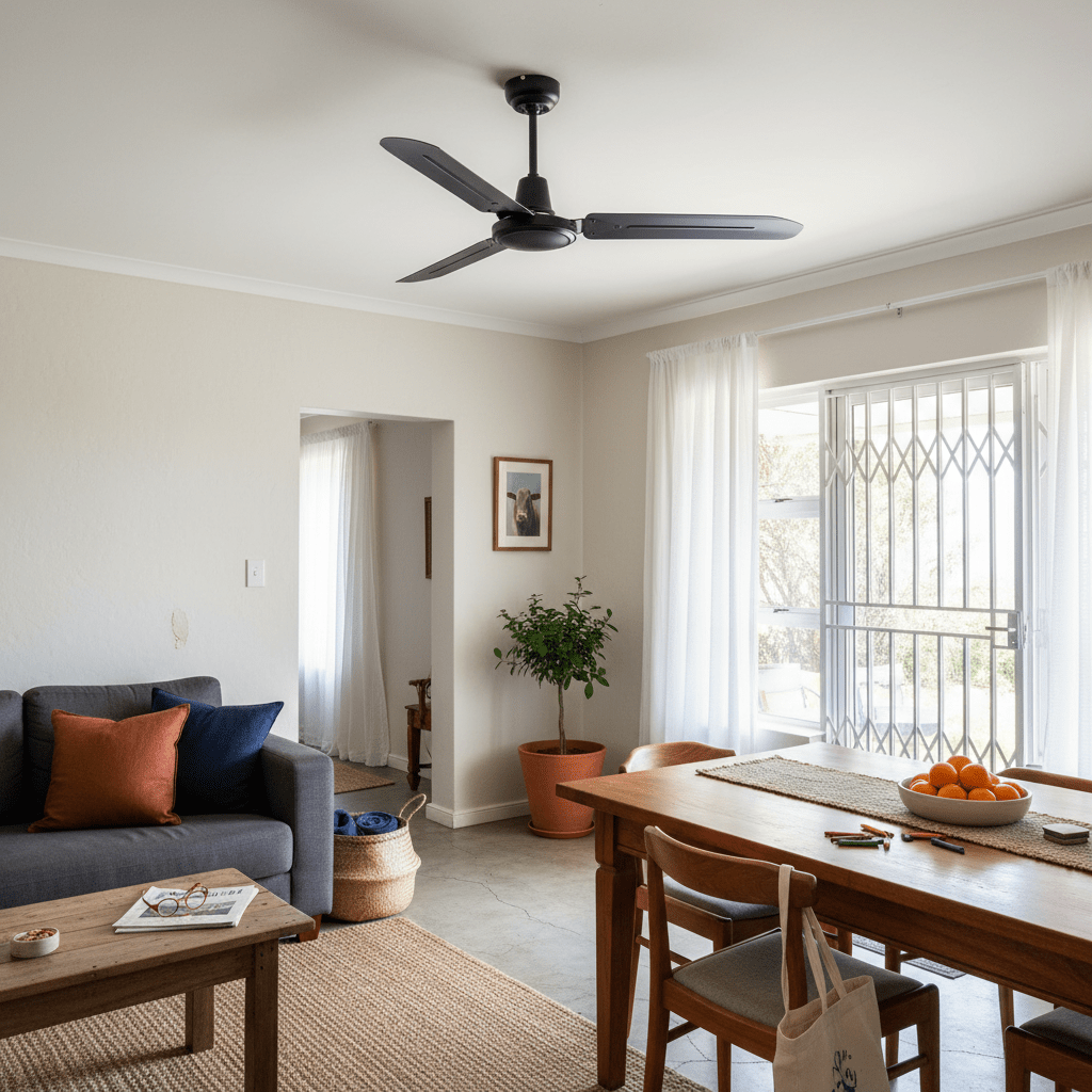 Ceiling fan with three blades on a white background