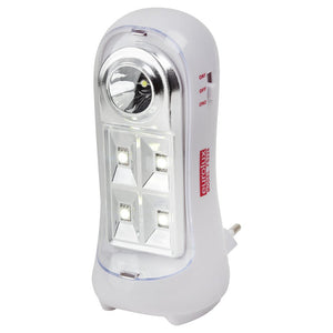 LED rechargeable plug-in emergency lantern with multiple light sources and control switch.