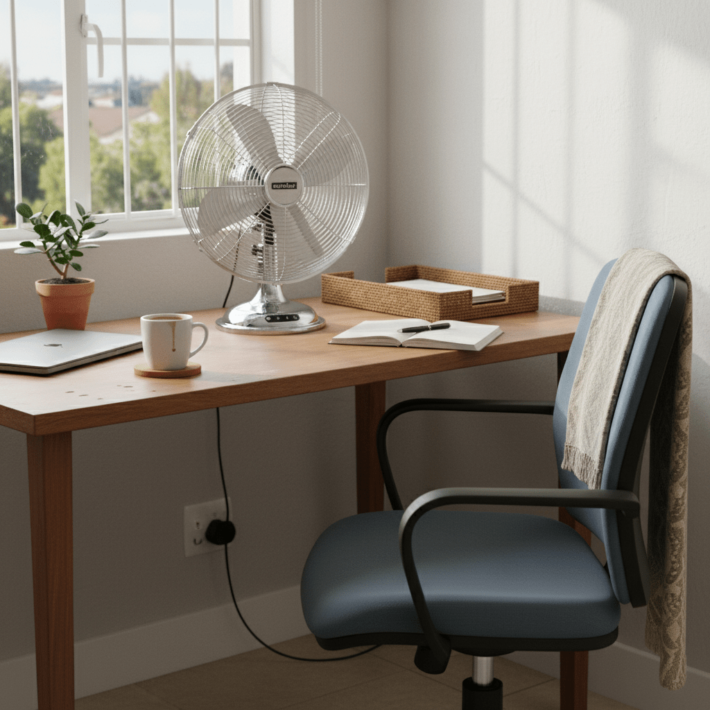 Satin chrome desk fan on a wooden desk with a plant, coffee cup, and notebook in a bright room.