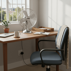 Satin chrome desk fan on a wooden desk with a plant, coffee cup, and notebook in a bright room.