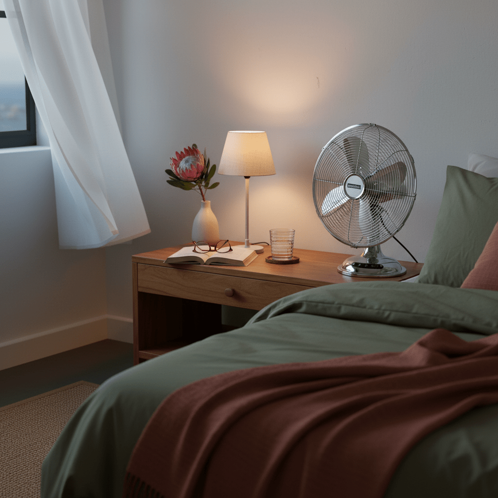 Satin chrome desk fan on a bedside table with a lamp, flower vase, and open book.