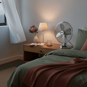 Satin chrome desk fan on a bedside table with a lamp, flower vase, and open book.