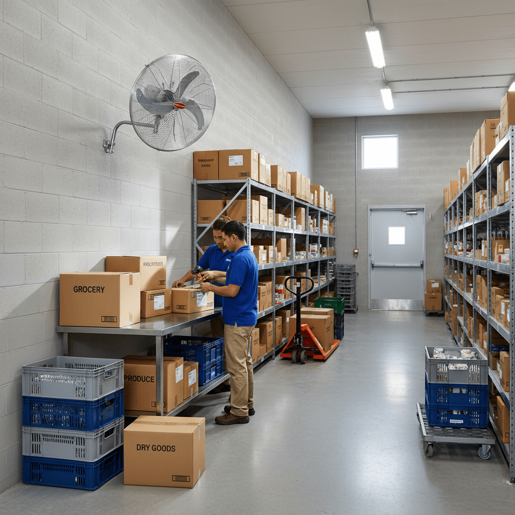 Wall-mounted fan in a warehouse, providing airflow to staff working at a table surrounded by shelves of boxes.