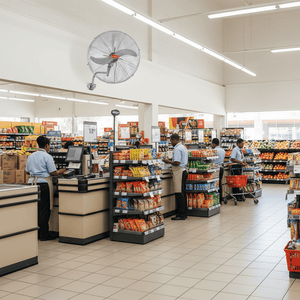 A 26" Eurolux Hurricane Wall Fan mounted above retail checkout counters, providing airflow in a busy supermarket.