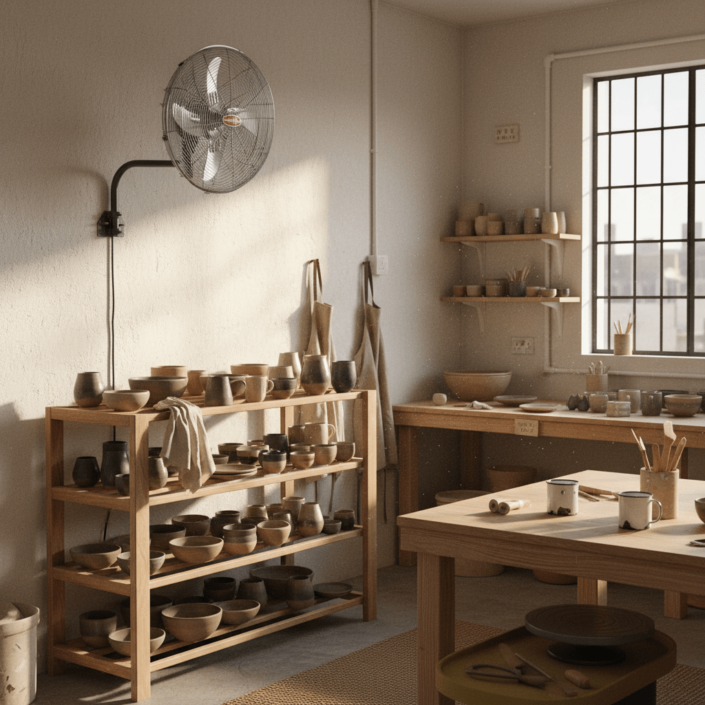 Wall-mounted fan above pottery shelves in a sunlit workshop with worktables and a window.
