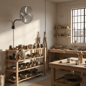 Wall-mounted fan above pottery shelves in a sunlit workshop with worktables and a window.