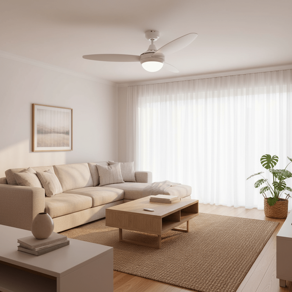 Modern living room featuring a white ceiling fan with three blades above a cozy sofa and coffee table.