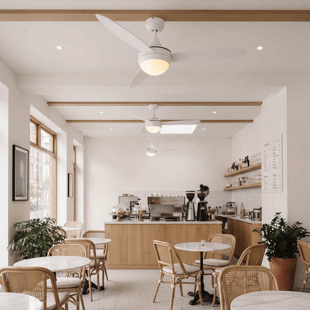 A modern café interior featuring three white ceiling fans with light fixtures, wooden accents, and round tables.