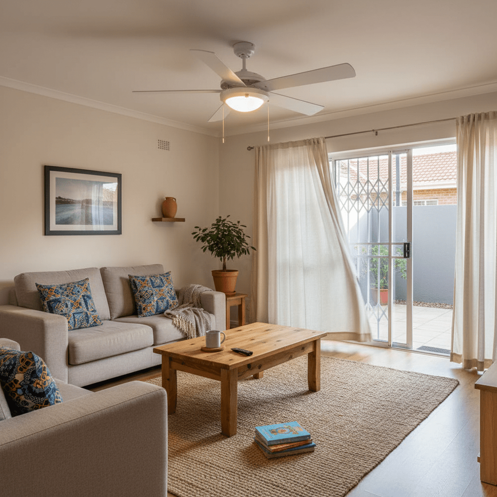Living room with a white blade ceiling fan