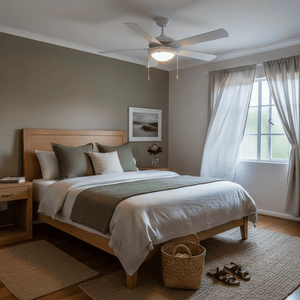 Bedroom with a white 5 blade ceiling fan