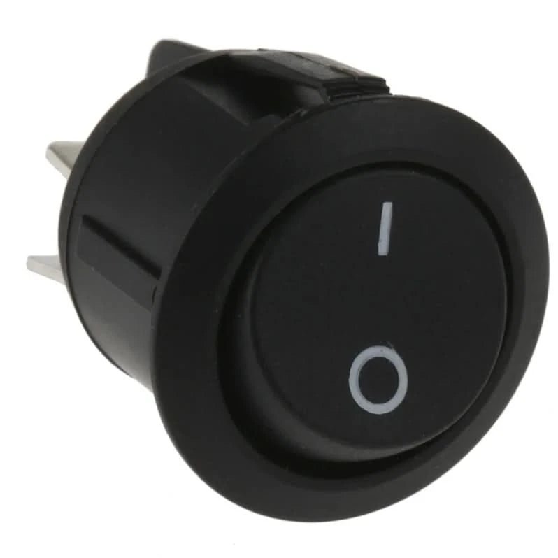 Black round rocker toggle switch with 'on' and 'off' symbols on a white background
