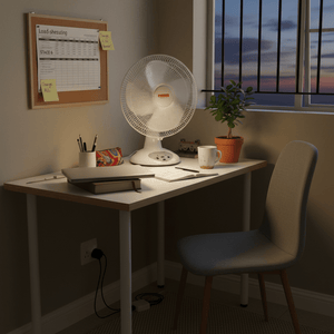 A desk with a rechargeable fan, notebook, and plant, illuminated softly in a cozy room.