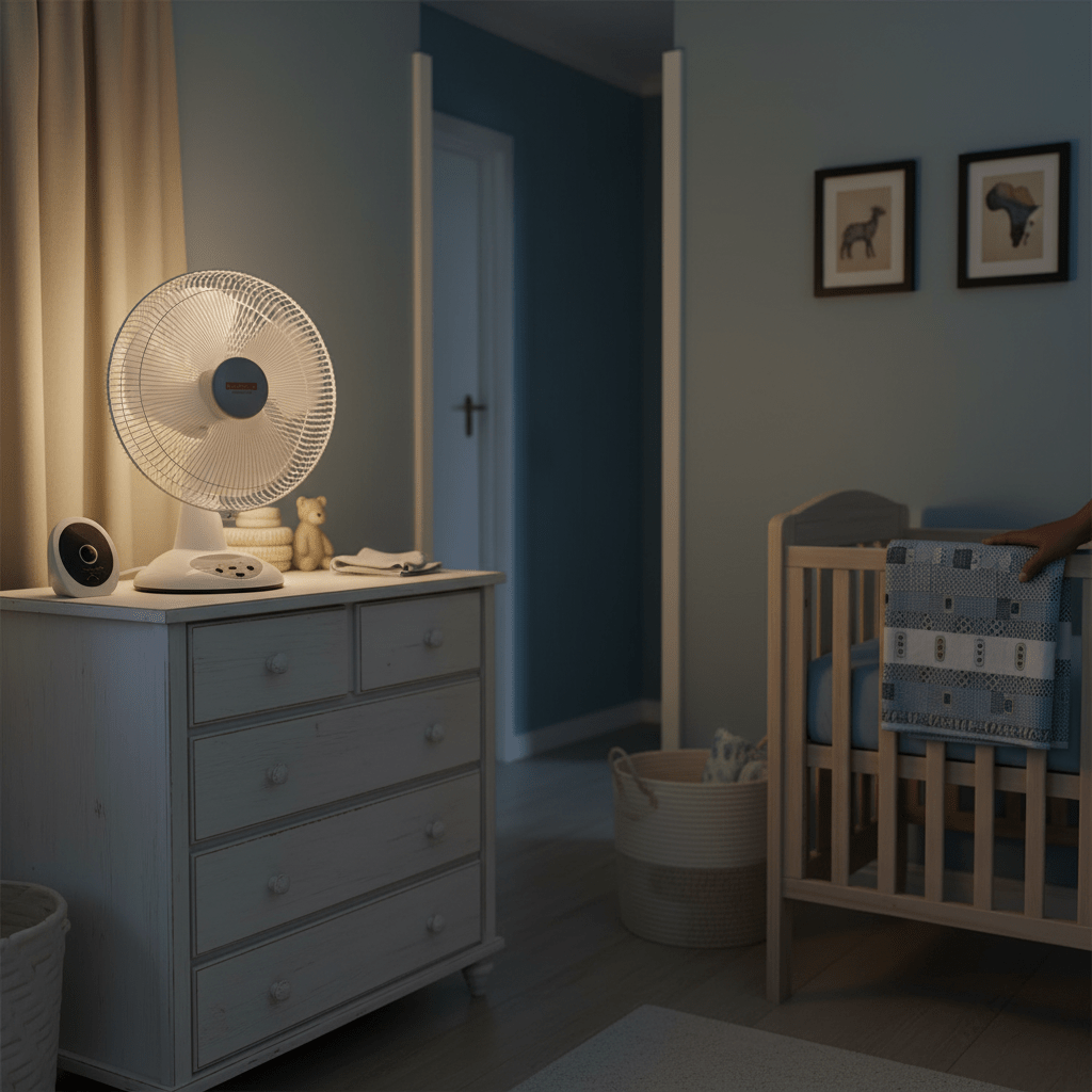 A bedside scene featuring a rechargeable fan on a dresser, with soft lighting and a crib in the background.