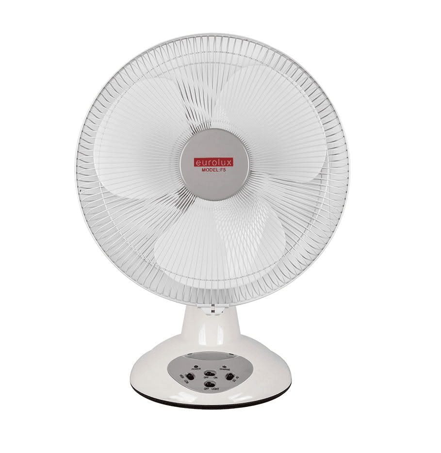 White table fan with visible brand logo on a white background