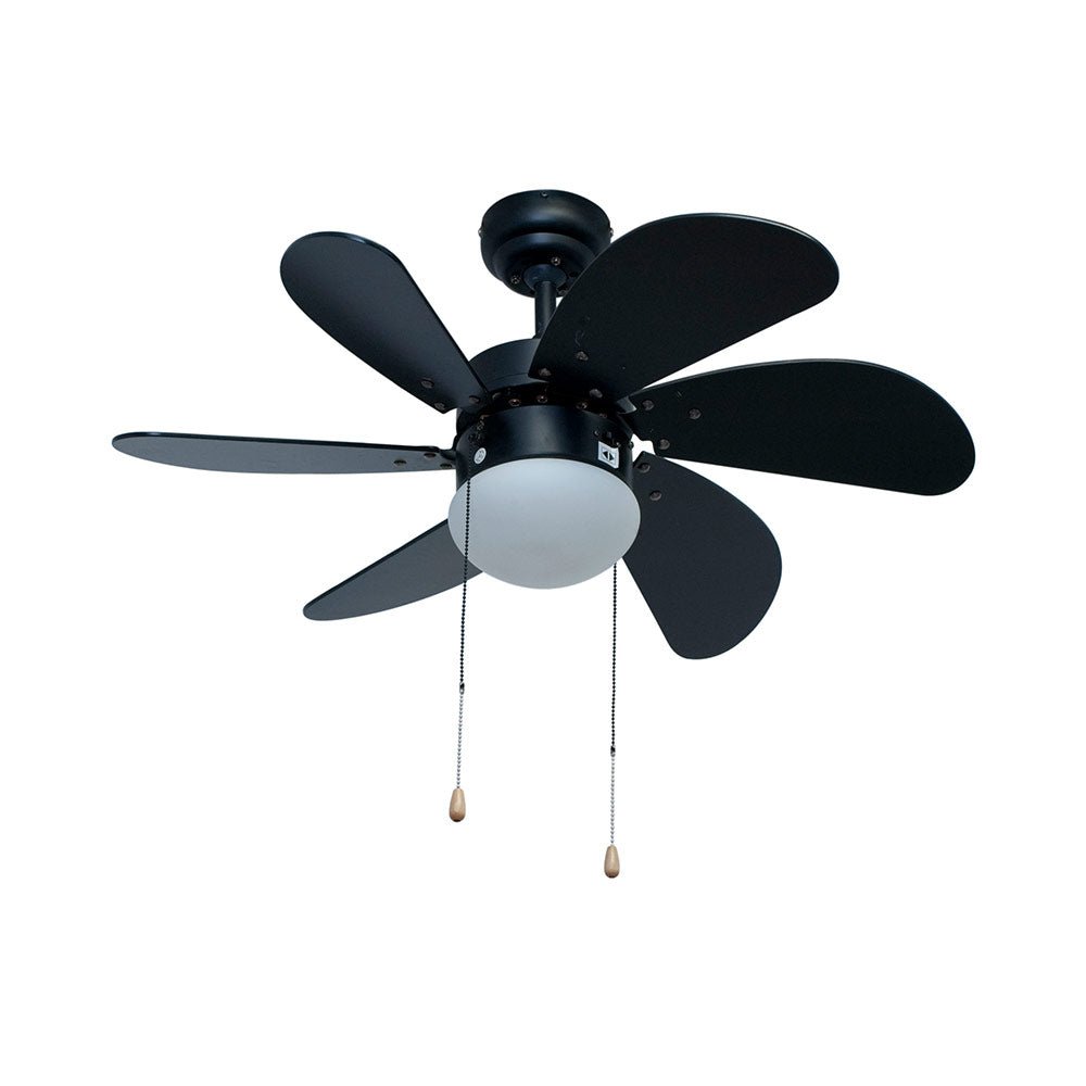 Black ceiling fan with light bulb on a white background