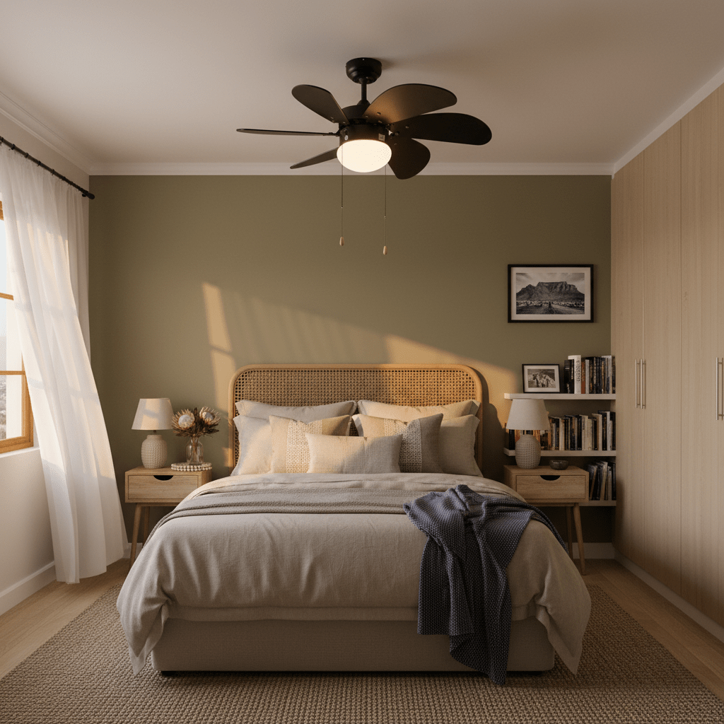 Ceiling fan placement in a Cape Town bedroom, modern ceiling fan above bed, warm LED light and quiet airflow, realistic 800x800 interior with muted blue and oak accents