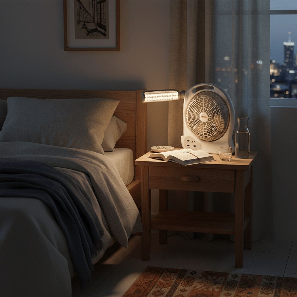 Rechargeable portable fan and LED desk lamp on a South African student desk with open books and laptop, practical summer study setup, realistic light, no text, no logos.