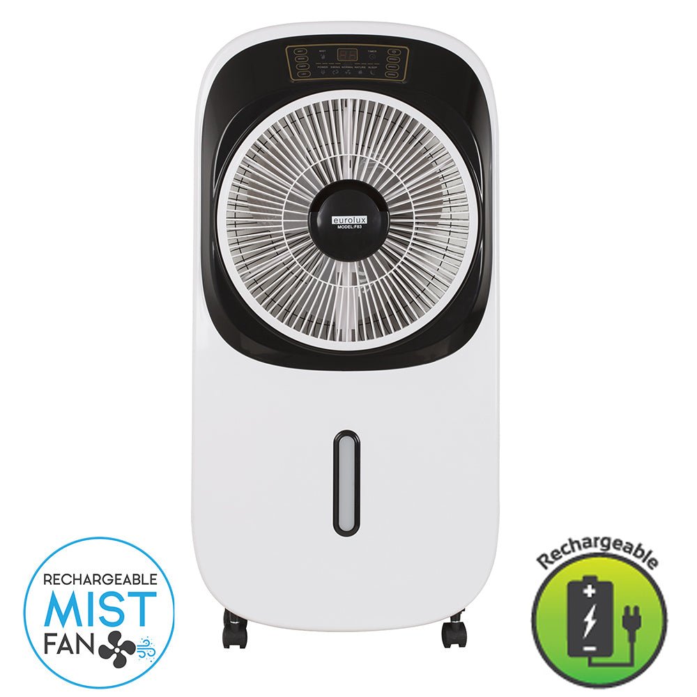 Rechargeable mist fan with visible branding on a white background