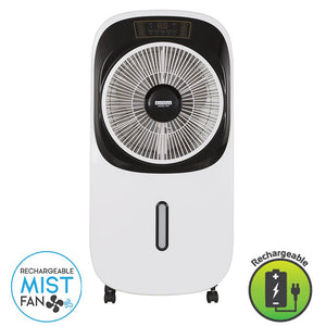 Rechargeable mist fan with visible branding on a white background