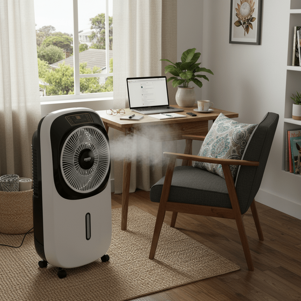 Rechargeable mist fan with visible branding on a white background