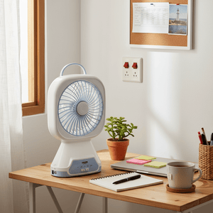 Rechargeable portable mini fan on a desk with a plant, notebook, and coffee cup, providing a cool breeze.