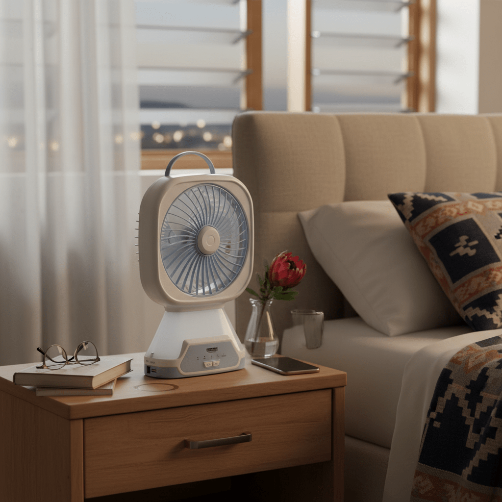 Rechargeable portable fan and night light on a bedside table