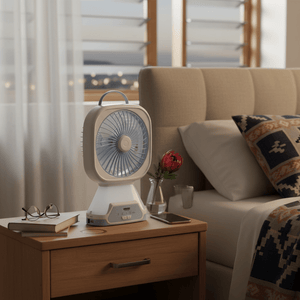 Compact rechargeable desk fan on a bedside table with glasses, a book, and a flower vase.