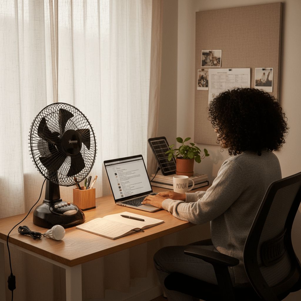 A rechargeable desk fan positioned on a wooden desk beside a laptop, with a person working and a plant in the background.