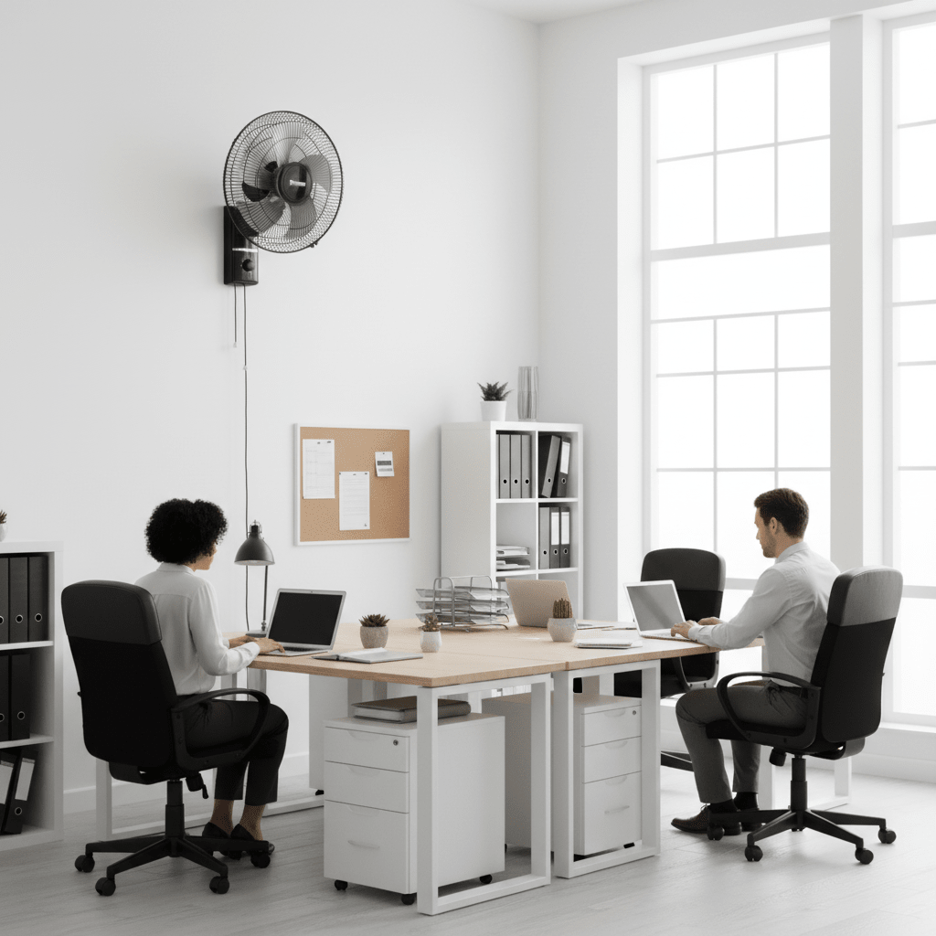 A stylish black wall-mounted fan in a modern office setting, providing airflow to two desks.