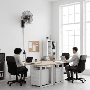 A stylish black wall-mounted fan in a modern office setting, providing airflow to two desks.