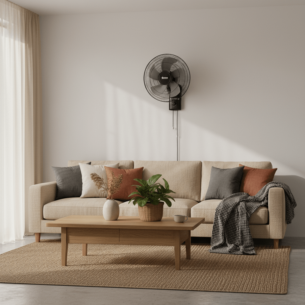 Stylish wall-mounted fan above a cozy sofa in a modern living room setting.