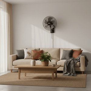 Stylish wall-mounted fan above a cozy sofa in a modern living room setting.