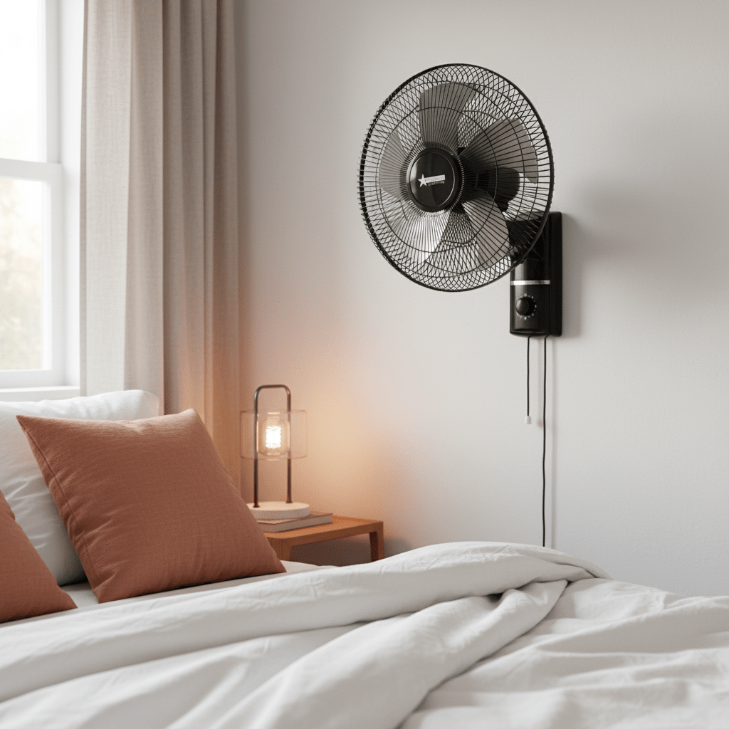 Stylish black wall-mounted fan installed in a cozy bedroom setting with pillows and a bedside lamp.