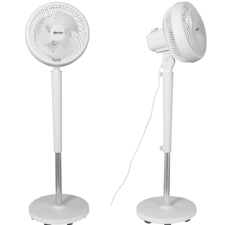 White standing fan shown from front and side views on a white background