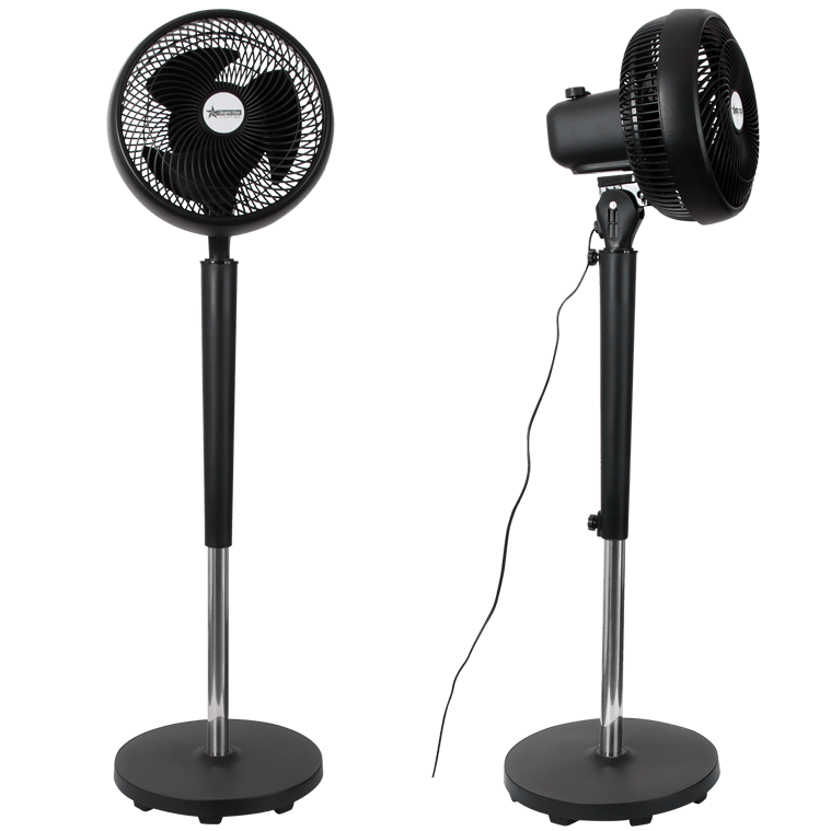 Black standing fan shown from front and side views on a white background
