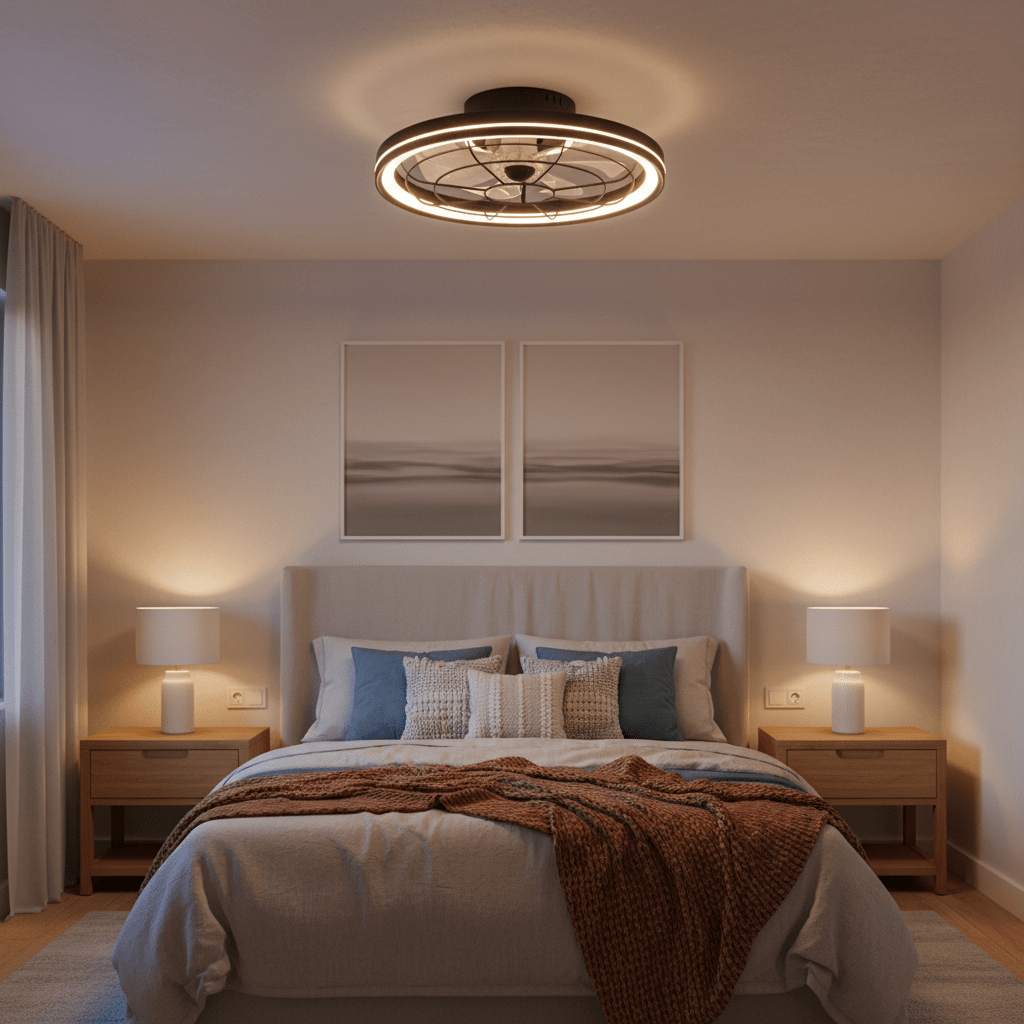 Modern flush mount LED ceiling fan in a cozy bedroom setting, illuminating the space with warm light.